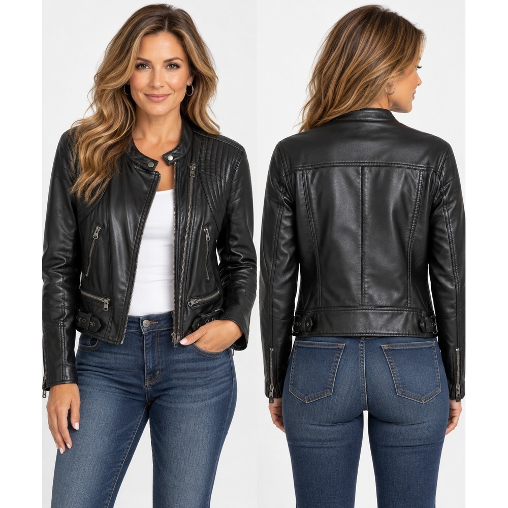 Free People Jacket Womens Black We The Free Fenix Vegan Leather Moto Size L  💕